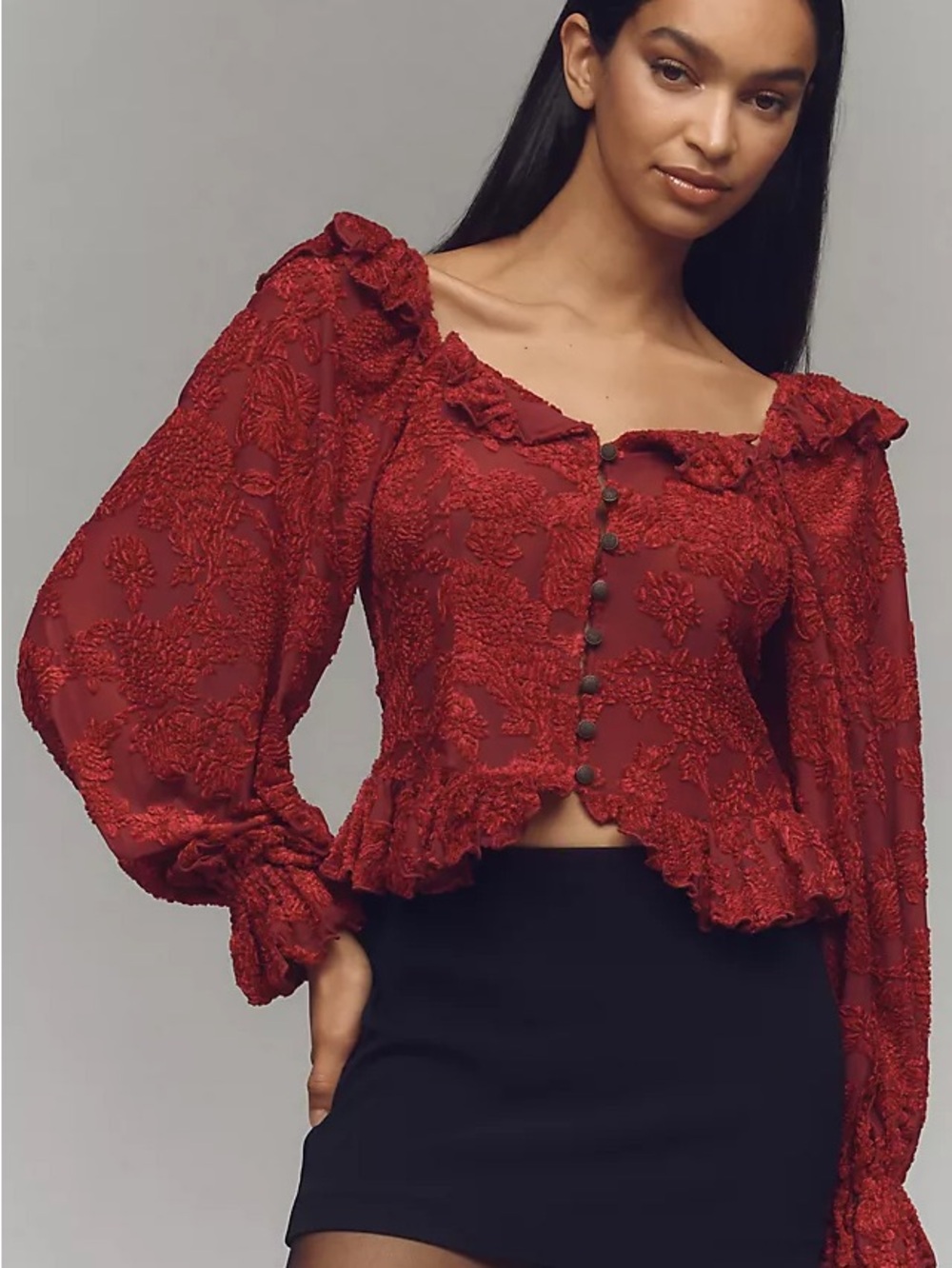 Anthropologie Red Embroidered Ruffle Button-Front Blouse